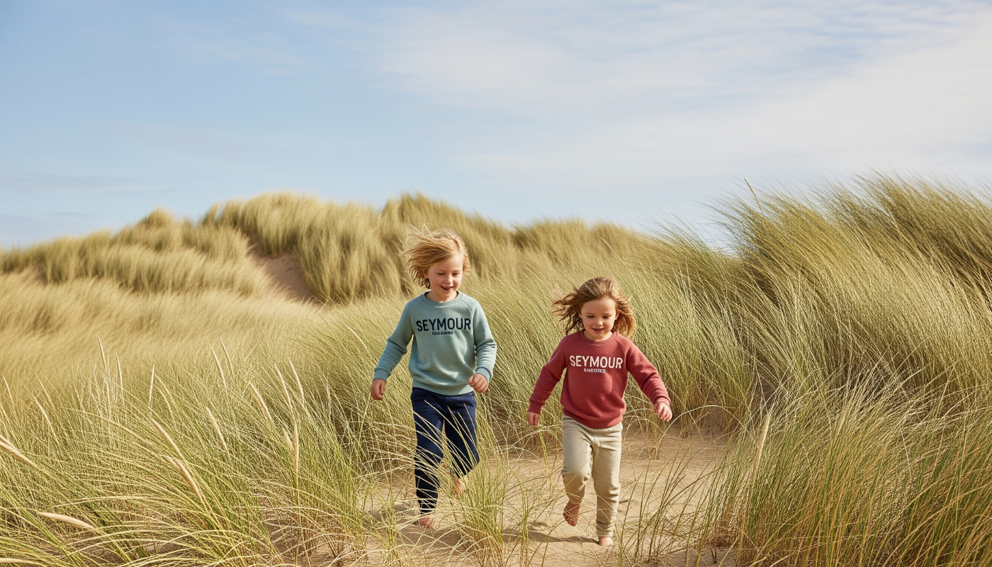 A wide shot of two children in Seymour Kids Clothing, running freely through long grass on a sand dune, their hair blowing in the wind. The sky is a vast, soft blue. The shot should feel spontaneous and full of joy and movement.