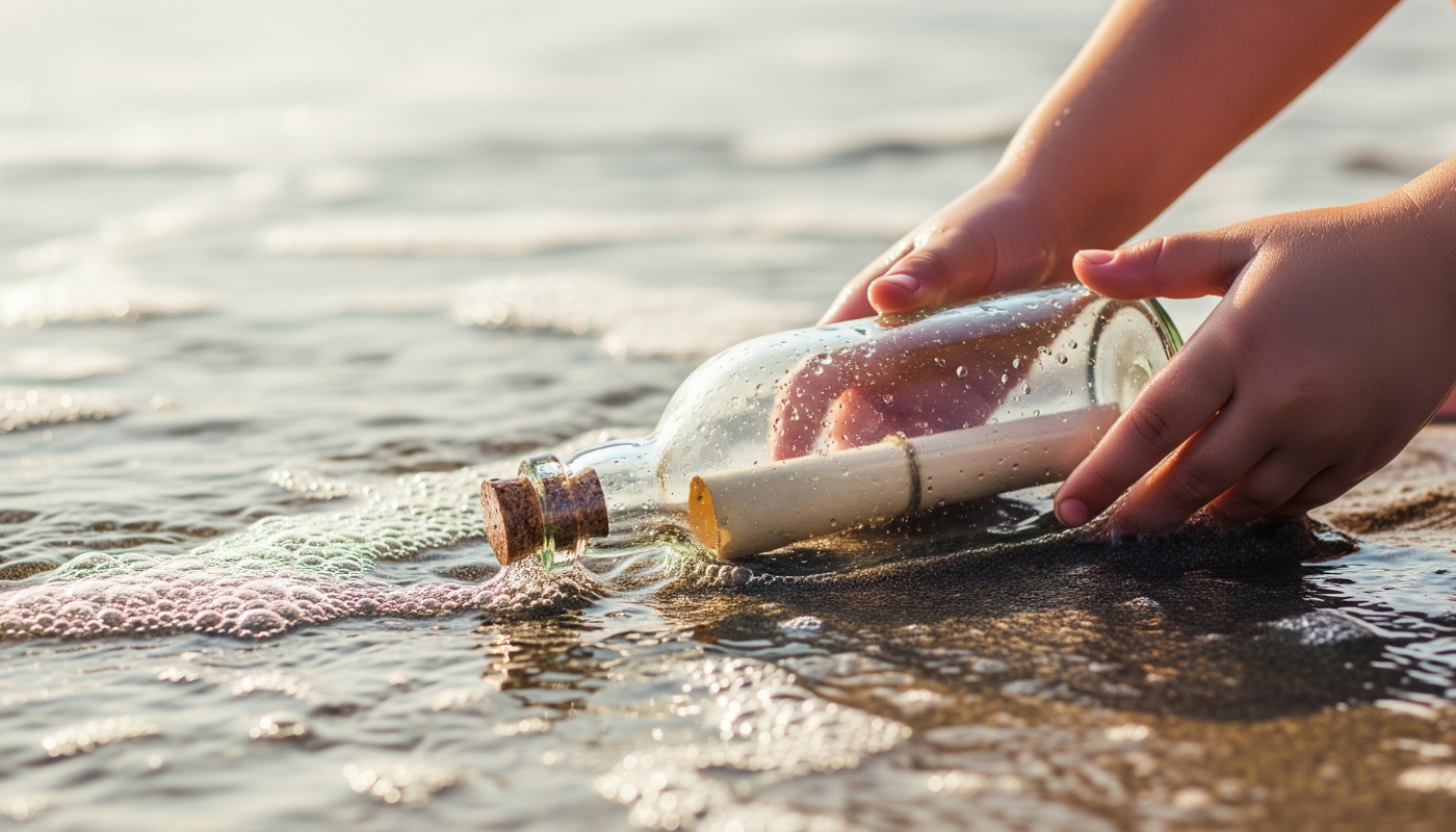 A magical, discovery-themed photograph. A close-up on a child's hands as they gently pull a beautiful, vintage-style glass bottle from the wet sand at the water's edge. The bottle is corked, and a rolled-up piece of parchment is visible inside. The bright morning light makes the scene sparkle, catching the seafoam bubbling around the bottle. The image evokes a sense of adventure, mystery, and the promise of a wonderful story waiting to be told.