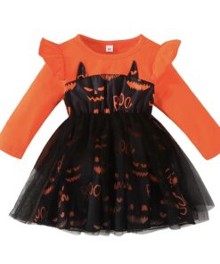 A long-sleeved girls' Halloween dress with a bright orange top, ruffle shoulders, and a black tulle skirt featuring a spooky cat-pumpkin face on the bodice.
