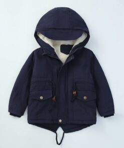 A warm, navy blue hooded children's winter parka coat in mustard yellow, lined with thick, cream-coloured sherpa fleece, suitable for boys and girls.
