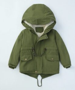A warm, olive green, hooded children's winter parka coat in mustard yellow, lined with thick, cream-coloured sherpa fleece, suitable for boys and girls.