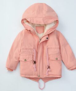 A warm, pink, hooded children's winter parka coat in mustard yellow, lined with thick, cream-coloured sherpa fleece, suitable for boys and girls.