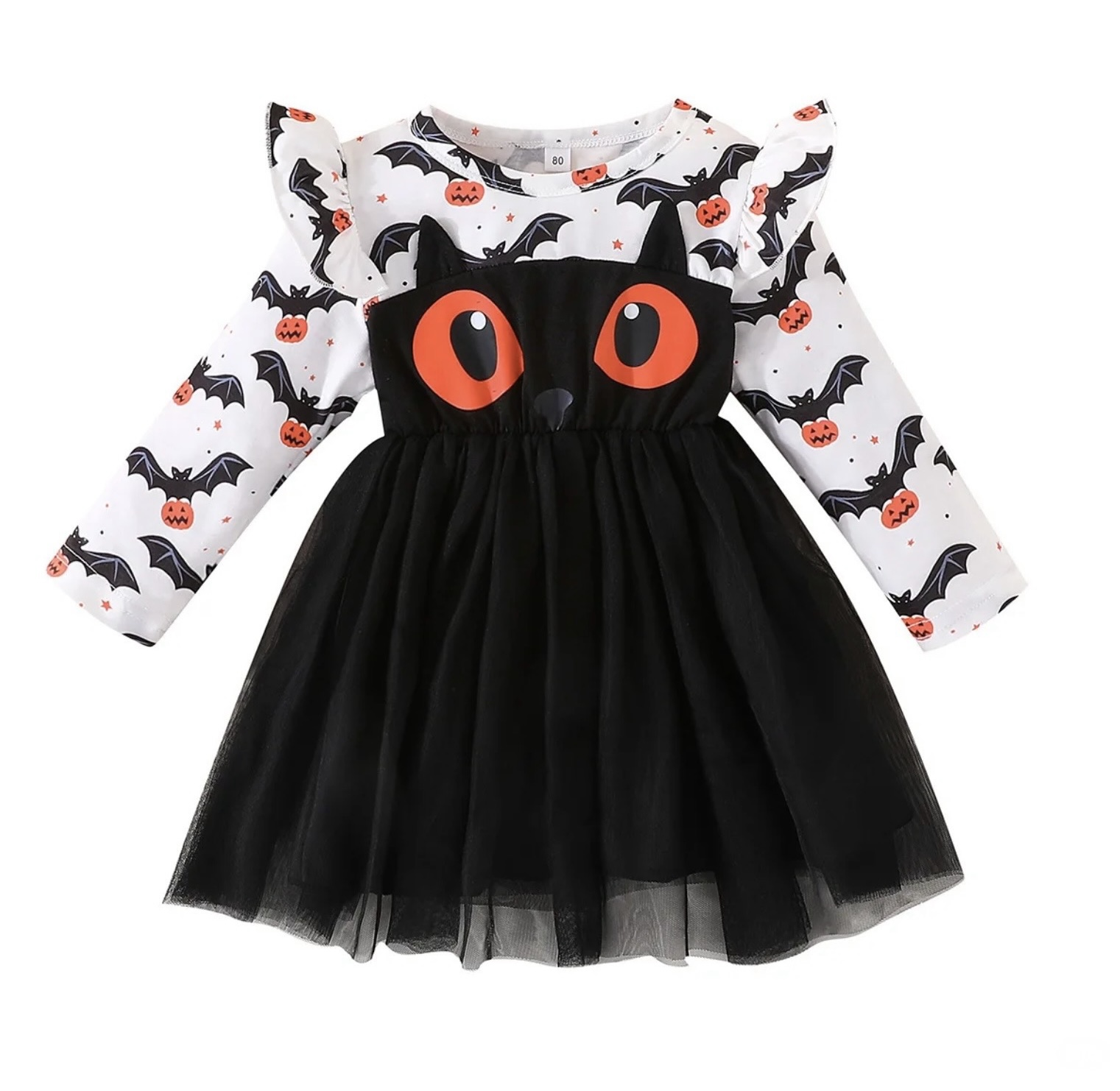 A long-sleeved girls' Halloween dress featuring a white top with a bat and pumpkin print, and a black main dress with a large cat face and a tulle skirt.