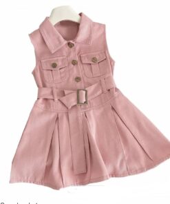 A smart, sleeveless girls' safari dress in dusky pink, featuring a collar, buttoned pockets, a matching belt, and a pleated skirt.
