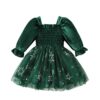 A little girl's festive Christmas dress in deep green velvet, featuring a smocked bodice, long puff sleeves, and a tulle skirt with a white star and snowflake print.