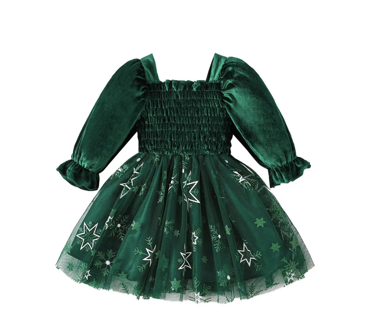 A little girl's festive Christmas dress in deep green velvet, featuring a smocked bodice, long puff sleeves, and a tulle skirt with a white star and snowflake print.