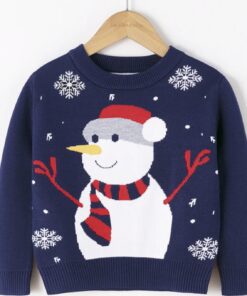 A soft navy blue knitted children's Christmas jumper, featuring a large, happy snowman with a carrot nose, red hat, and striped scarf, surrounded by white snowflakes.