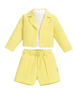 A chic three-piece children's suit in bright yellow, featuring a tailored blazer, matching belted shorts, and a white knitted top.