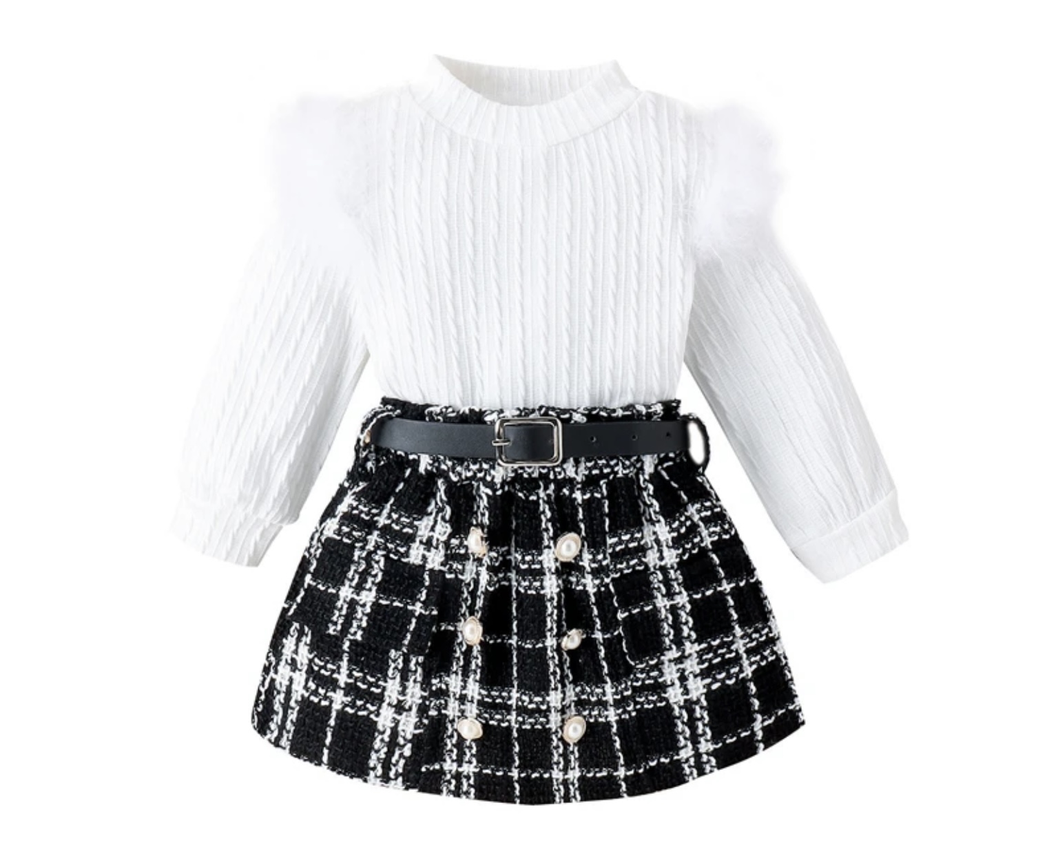 A chic two-piece outfit for a toddler girl, featuring a long-sleeved white textured top with feather details on the shoulders and a matching black and white tweed skirt with a belt and pearl buttons.