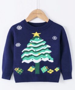 A navy blue knitted Christmas jumper for children, featuring a festive green Christmas tree with a yellow star, white snowflakes, and presents at the bottom.