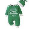 A festive green long-sleeved baby romper with "We Wish You a Merry Christmas" printed on the front, shown with a matching green and white knotted hat.