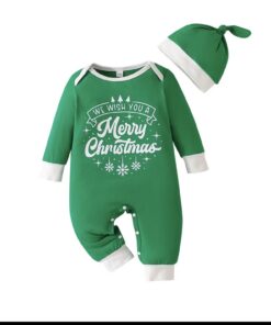 A festive green long-sleeved baby romper with "We Wish You a Merry Christmas" printed on the front, shown with a matching green and white knotted hat.