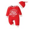 A festive red long-sleeved baby romper with "We Wish You a Merry Christmas" printed on the front, shown with a matching green and white knotted hat.