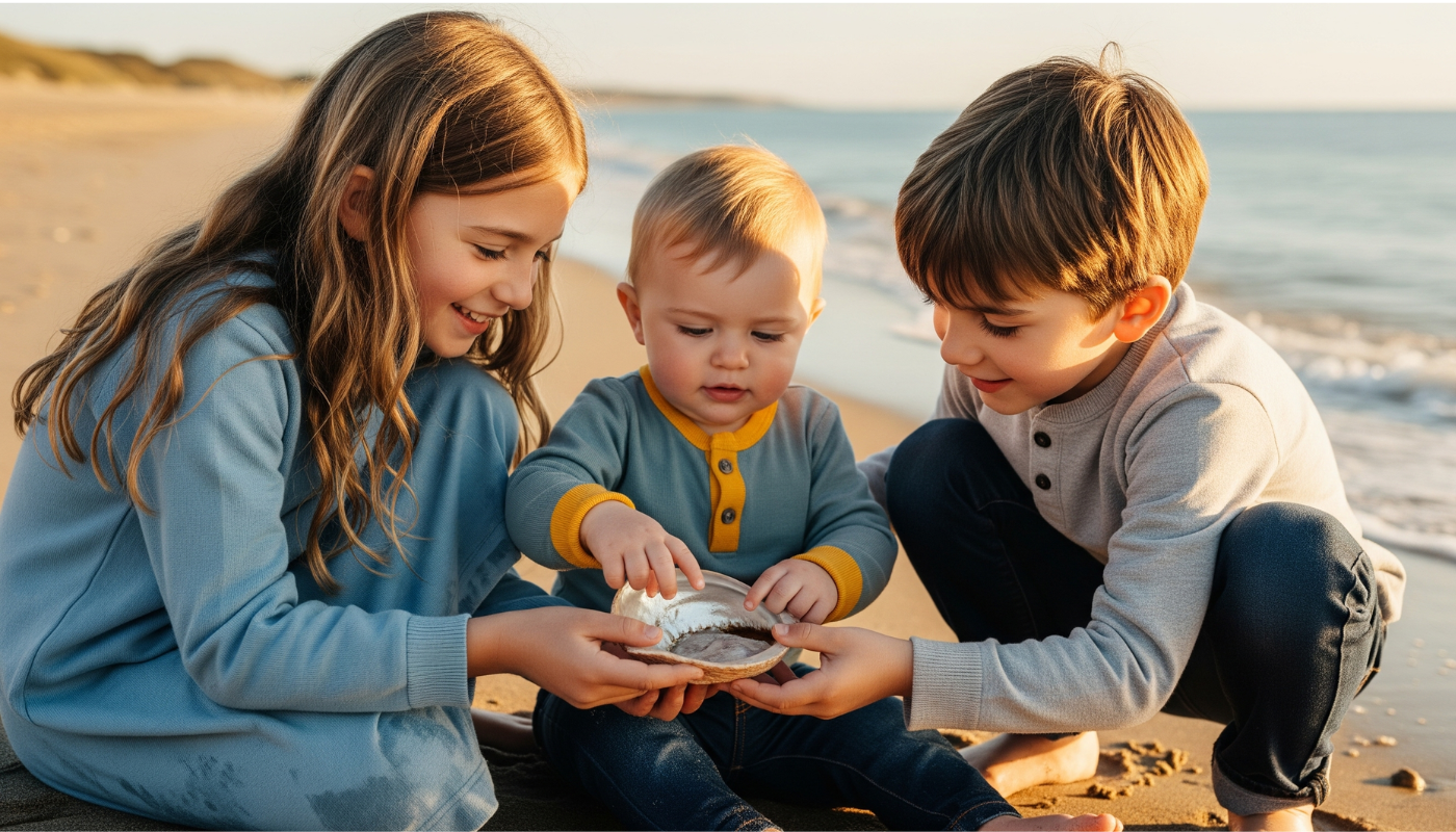 A cinematic, heartwarming photograph of three children on a serene beach in Jersey during the golden hour. An older girl, about 7, and a boy, about 8, are crouched down, their faces filled with gentle excitement. They are showing a beautiful, pearlescent seashell to a curious 2-year-old toddler sitting between them. The toddler, captivated, is tentatively reaching out to touch the shell. The children are dressed in timeless, comfortable clothing in a palette of soft ocean blue, sea salt white, and a single piece in sun-kissed yellow