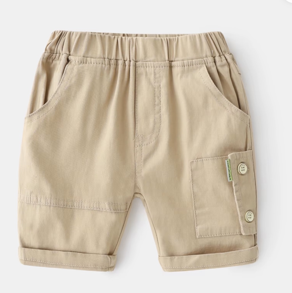 A pair of smart khaki cotton shorts for a boy, featuring a comfortable pull-on elasticated waist, roll-up cuffs, and a button-down cargo pocket on the leg.