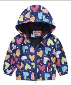 A lightweight, navy blue showerproof raincoat for a child, featuring a hood and a colourful all-over print of crayon-style hearts.