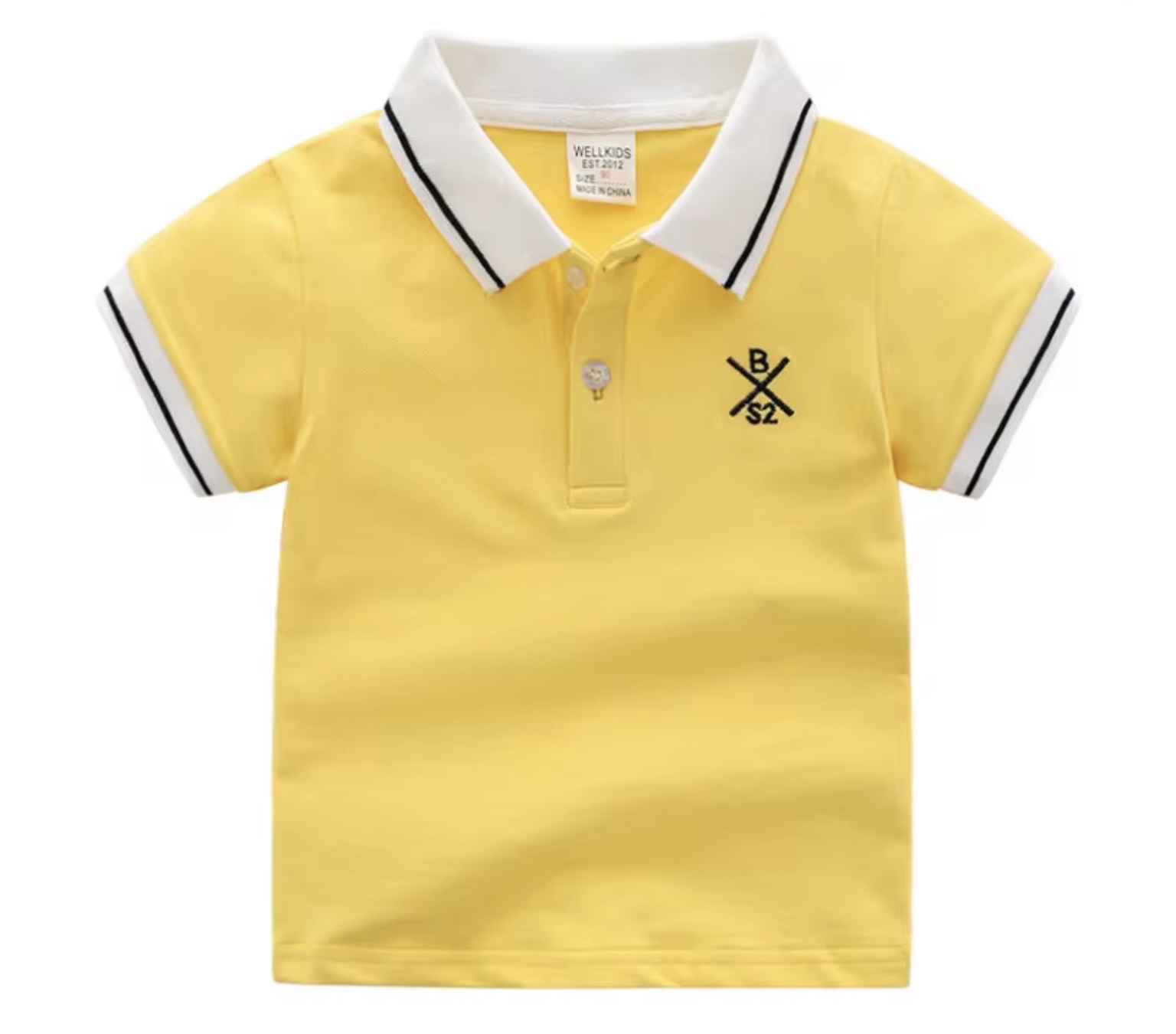 A smart boy's polo shirt in a sunflower yellow, featuring a white collar and cuffs with black tipping stripes, and a small embroidered crest on the chest.
