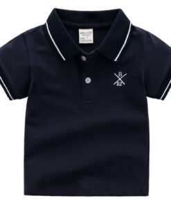A smart boy's polo shirt in classic navy blue, featuring a collar and cuffs with crisp white tipping stripes, and a small embroidered crest on the chest.
