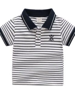 A smart boy's polo shirt with navy blue and white horizontal stripes, a solid navy blue collar, and a small embroidered crest on the chest.