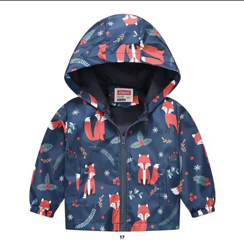 A lightweight, navy blue showerproof raincoat for a child, featuring a hood and a colourful all-over print of cute orange foxes, holly, and snowflakes.